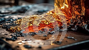 Pouring molten metal. Colorful orange splashes of hot iron. Fluid metal texture background. Generative AI