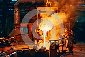 Pouring molten metal into mold from ladle container in foundry metallurgical factory workshop, iron cast, heavy