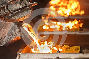 Pouring molten metal to casting mold