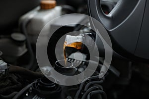 Pouring motor oil into car engine, closeup