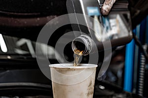 Pouring new oil to the car engine close up