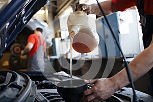 Pouring oil to car engine,