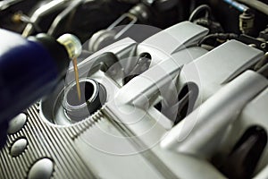 Pouring oil to car engine, close up