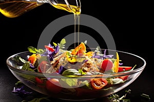 pouring olive oil over a colorful salad in a bowl