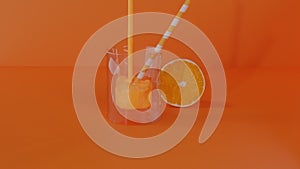 Pouring Orange Juice in Glass Next to Orange Half On Orange Background : 3D Animation