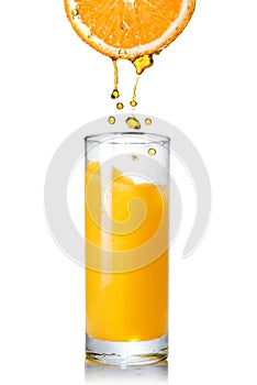 Pouring orange juice from orange into the glass
