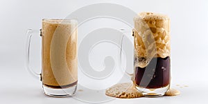 Pouring process of dark stout beer into a beer glass mug, splashes, drops and froth around glass