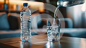 pouring purified fresh drink water from bottle in living room, close up view on table, healthy lifestyle