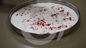 pouring red chilly powder on white batter for making khaman dhokla and idli