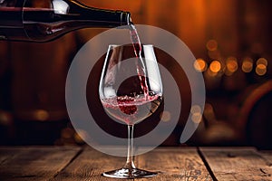 Pouring red wine into a glass against the background of the barrel, Pouring red wine into the glass against the wooden table, AI