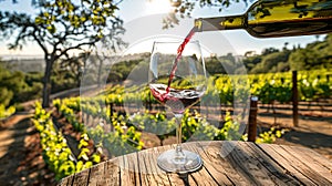 Pouring red wine into a glass against a lush vineyard backdrop. Perfect for winery marketing. Calm, serene, and