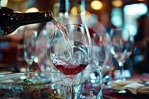 Pouring red wine into glass at vibrant dinner setting