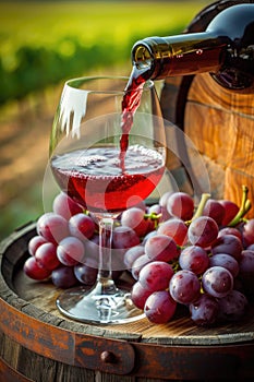 Pouring red wine into glass in the vineyard on a beautiful summer day. Grapes on wooden barrel. AI Generated