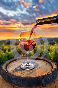 Pouring red wine into glass in the vineyard at golden hour sunset. AI Generated