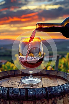 Pouring red wine into glass in the vineyard at golden hour sunset. AI Generated