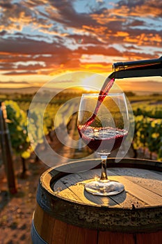 Pouring red wine into glass in the vineyard at golden hour sunset. AI Generated