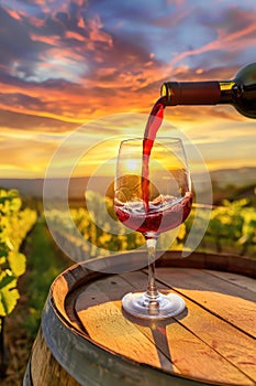 Pouring red wine into glass in the vineyard at golden hour sunset. AI Generated