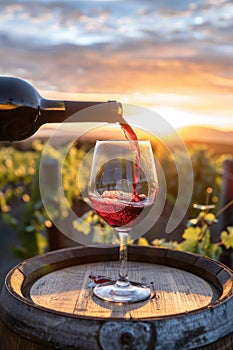 Pouring red wine into glass in the vineyard at golden hour sunset. AI Generated