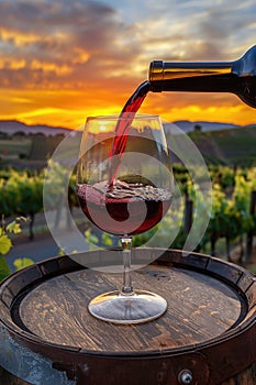 Pouring red wine into glass in the vineyard at golden hour sunset. AI Generated