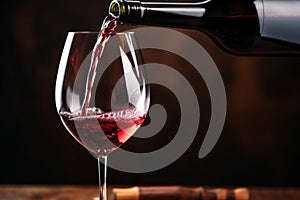 Pouring red wine to glass party restaurant bar gourmet celebration luxury taste splashing grape alcohol expensive drink