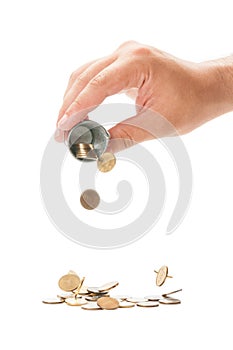 Pouring a small bucket of romanian coins