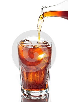 Pouring soft drink with ice cubeson