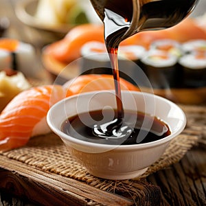 Pouring soy sauce into a white bowl