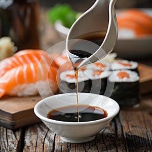 Pouring soy sauce into a white bowl