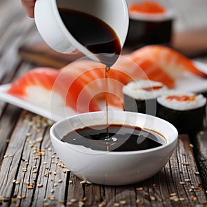 Pouring soy sauce into a white bowl