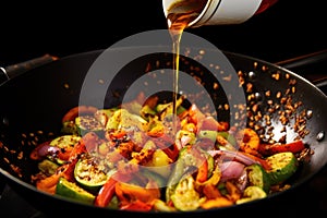 pouring a spicy marinade onto veggies in a grill wok