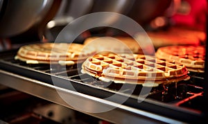 Pouring syrup on belgian waffles in oven