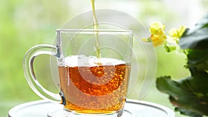 Pouring the tea with leaves of currant, lemon balm, mint, raspberry in a glass cup.Tea party outdoors