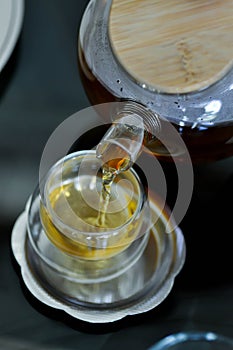 Pouring tea , tea cup and tea pot