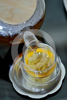 Pouring tea , tea cup and tea pot