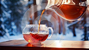 Pouring tea from a teapot into a cup on the background of a winter forest. Selective focus