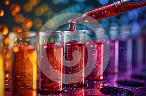 Pouring violet liquid into glass test tube in laboratory for science experiment