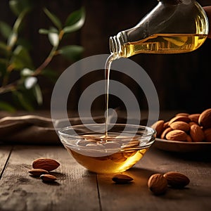 Pouring Virgin Extra Almond Oil onto Fresh Almonds