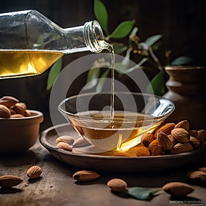 Pouring Virgin Extra Almond Oil onto Fresh Almonds