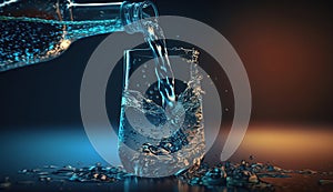 Pouring water from bottle into glass on blue black background, Generative Ai