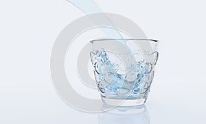 Pouring water from bottle into glass on white background and reflection on surface. 3D rendering