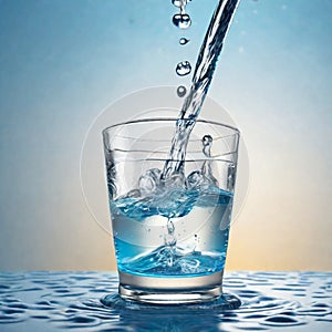 Pouring water into a glass on blue background, close-up. Clean water. Healthy