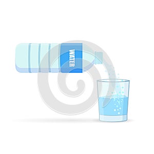 Pouring water into glass from a bottle isolated white background. vector illustration