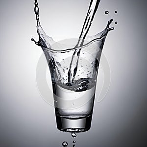 Pouring water into a glass on grey background, close-up, water splash, advertising, banner.