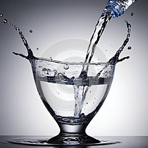 Pouring water into a glass on grey background, close-up, water splash, advertising, banner.