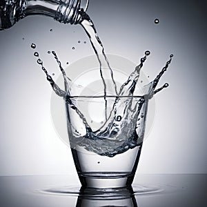 Pouring water into a glass on grey background, close-up, water splash, advertising, banner.