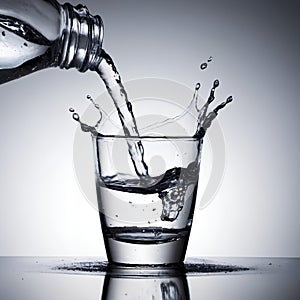 Pouring water into a glass on grey background, close-up, water splash, advertising, banner.