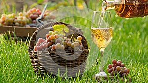 Pouring white wine from a bottle into glass on wooden table with green grapes