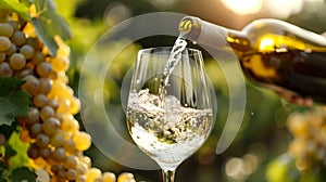 Pouring white wine into a glass with a beautiful vineyard in the background