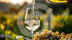 Pouring white wine into a glass with a beautiful vineyard landscape in the background