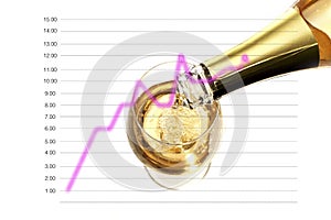 Pouring white wine into a glass, with a line diagram with the concept of wine quality to the number of sales